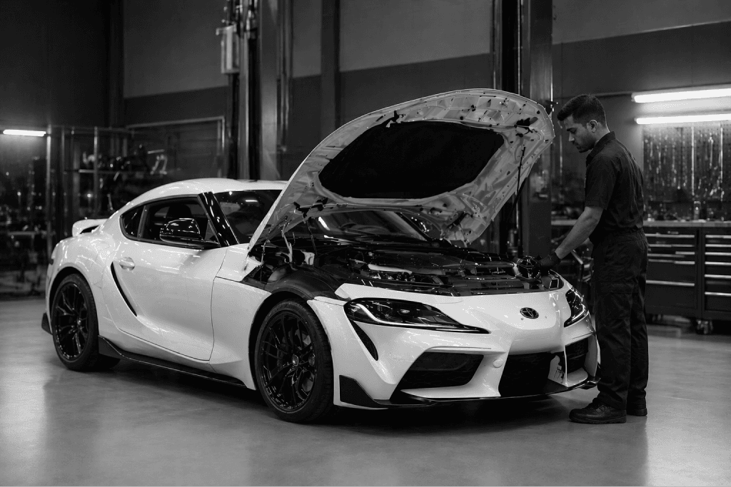 Service department technician working under a raised hood